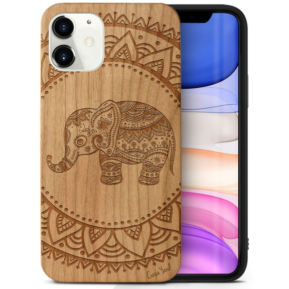 Case Yard Wooden Case Outside Soft TPU Silicone, Slim Fit Shockproof Wood Protective Phone Cover for Girls Boys Men and Women, Supports Wireless Charging Elephant Mandala Design case for iPhone-11