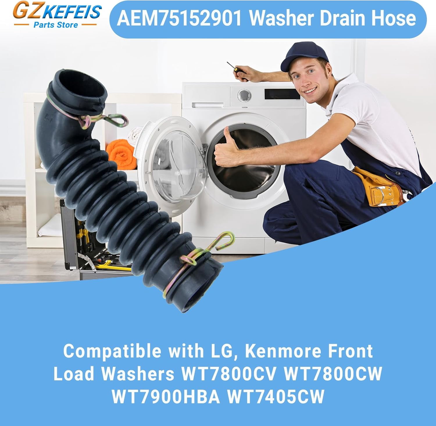 AEM75152901 Washer Drain Hose Replacement Compatible with LG, Kenmore Front Load Washers WT7800CV WT7800CW WT7900HBA WT7405CW - Durable Rubber, Easy Install, 2 Rust-Resistant Clamps