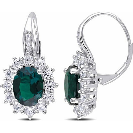 5-3/8 Carat T.G.W. Created Emerald and Created White Sapphire with Diamond Accent Sterling Silver Halo Leverback Earrings