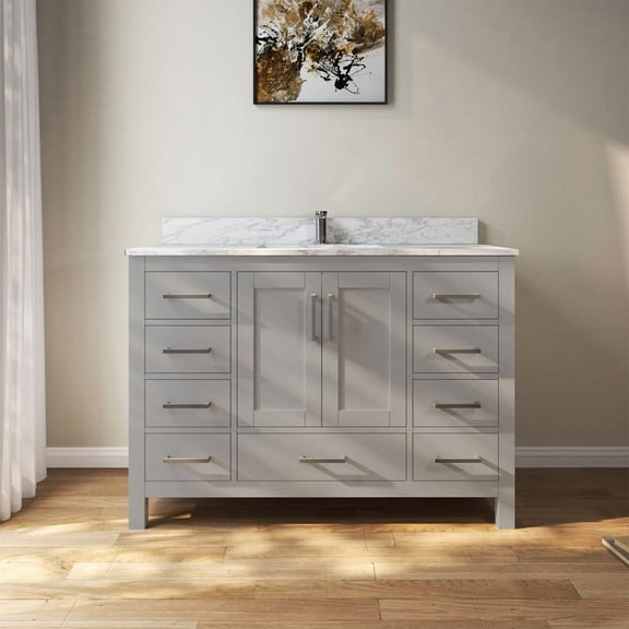 MEDUNJESS 48" Bathroom Storage Vanity Cabinet with Sink & Faucet Hole,Multi-Functional Bathroom Vanity with 2 Doors ＆ 9 Drawers(Gray)