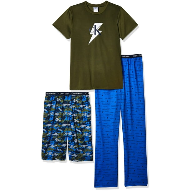 Calvin Klein Boys Sleepwear T-Shirt & Pj Shorts & Pajama Pant Sleep Set, Ck  Camo/Lightening, L 