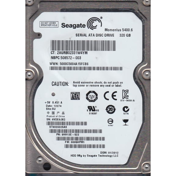 ST9320325AS, 6VD, SU, PN 9HH13E-522, FW 0005HPM1, Seagate 320GB SATA 2.5 Hard Drive