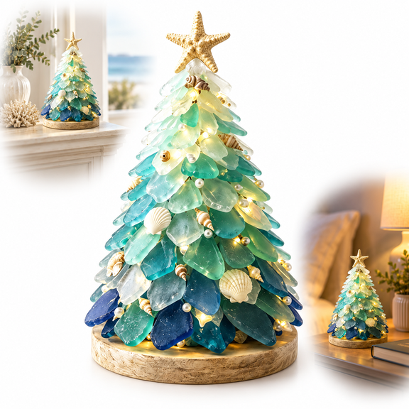 Sea Glass Christmas Tree DIY Kit with LED String Lights, Shell Accents and Wooden Base, 7.87 in Coastal Tabletop Holiday Craft Decor, Blue Green
