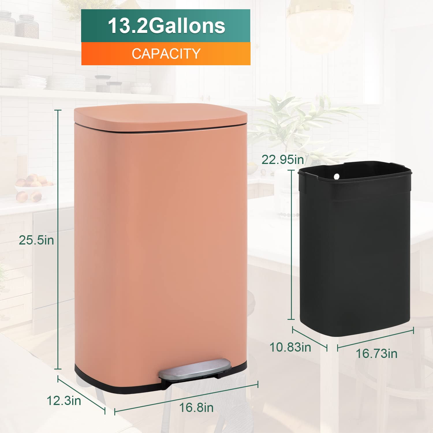 PayLessHere 13Gal Pink Trash Can - Stainless Steel w/Foot Pedal & Soft Close