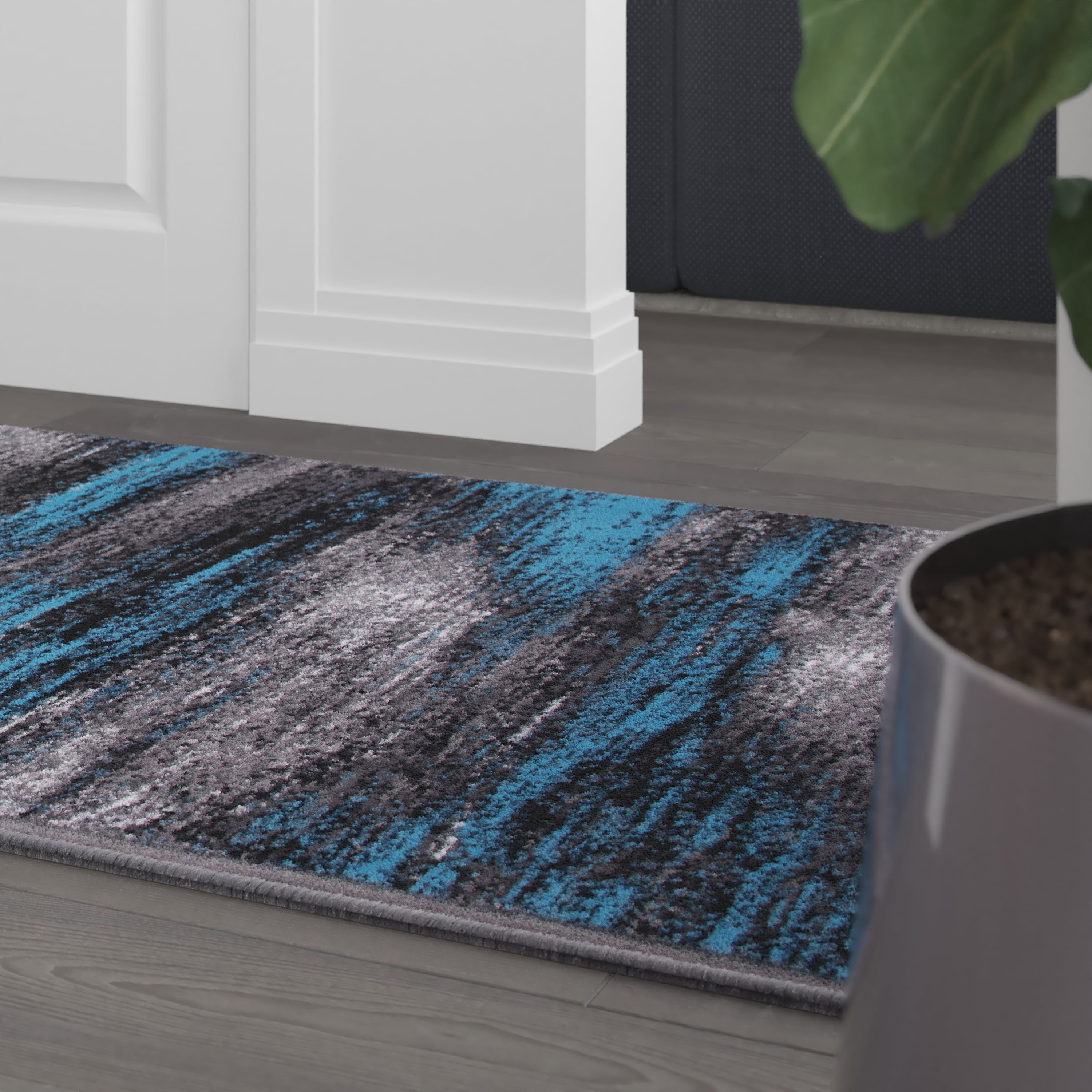 BizChair 2' x 10' Blue Abstract Area Rug - Olefin Rug with Jute Backing for Hallway, Entryway, Bedroom, Living Room