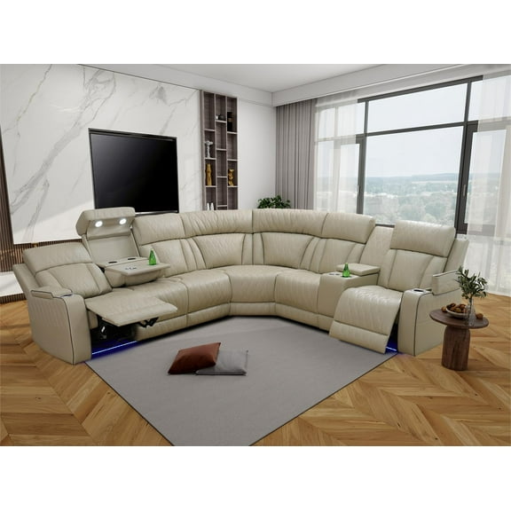 PonLiving Leather Sofa Set with Manual Reclining Function and USB Port, Beige Recliner Sofa Set with Double Cup Holders and Console Storage for Home