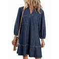 thumbnail image 3 of Denim Dress for Women Summer Casual Babydoll 2026 V Neck 3/4 Puff Sleeve Jean Dresses Dark Blue XL, 3 of 9