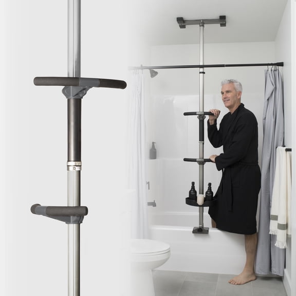 Stander Wonder Bathtub Pole Premium, Adjustable Curved Shower Grab Bars for Bathtubs with Shower Caddy, Clamp on Bathroom Safety Rail for Seniors, No Drill Installation, Graphite