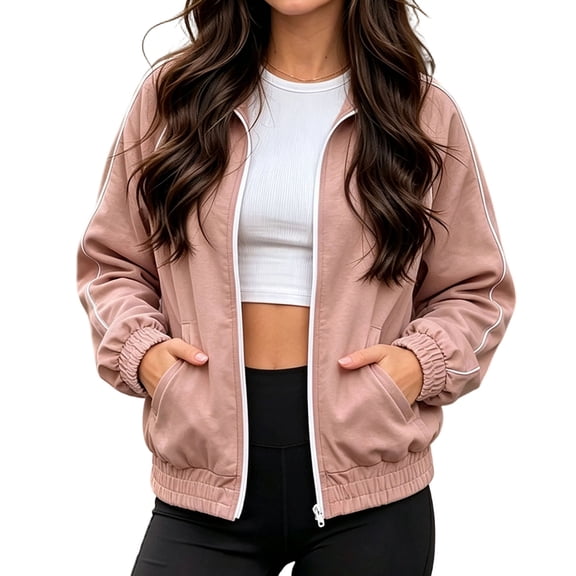 Edvintorg Outerwear for Women Plus Size Long Sleeve Zip up Jacket Fall Winter Loose Casual Lightweight Coat with Pocket Clothes Women S-3XL Pink