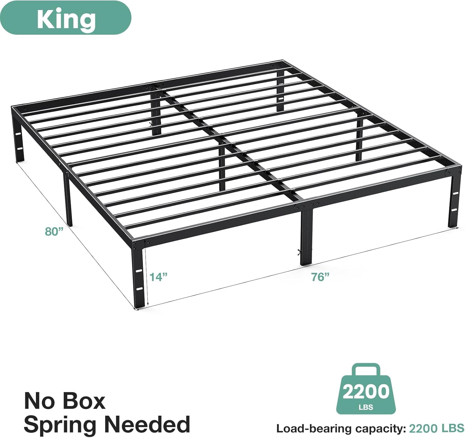 ACCVER King Size 14" Heavy Duty Metal Platform Bed Frame with Steel Slat Support, Ample Under-Bed Storage, No Box Spring Needed