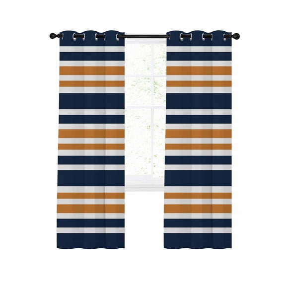 Orange Navy Blue Striped Blackout Curtains, Light Blocking Print Window Curtains, Gradient Horizontal Lines Thermal Insulated Window Drapes for Living Room Kitchen Cafe 2 Panels, 84"W x 84"L