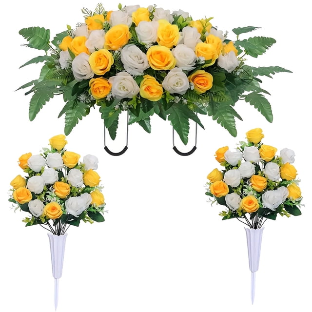 GUANGHONG 1PC Cemetery Flowers for Cemetery Rose Realistic Silk Cemetery Flowers Bouquet with Saddle in Decorative Lasting Cemetery Flowers for Floating