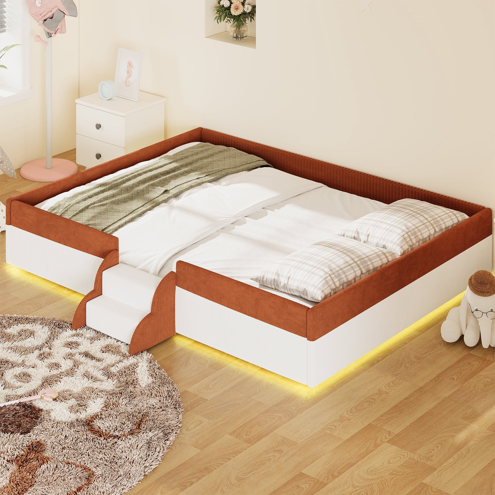 Howcool Queen Size Corduroy Upholstered Floor Bed with Fence and Smart LED Lights,2-Tier Steps Platform Bed Frame,Brown+White