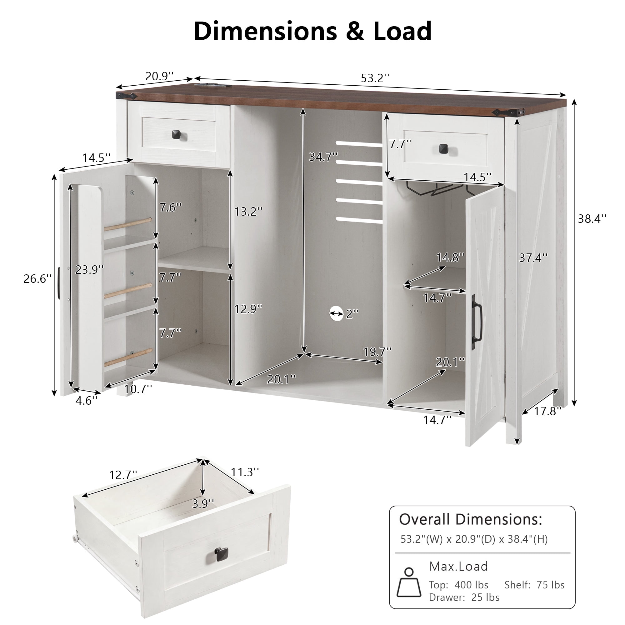 Homy Casa 53.2 in Farmhouse Coffee Bar Cabinet with Mini Fridge Space, Power Outlet and Storage White