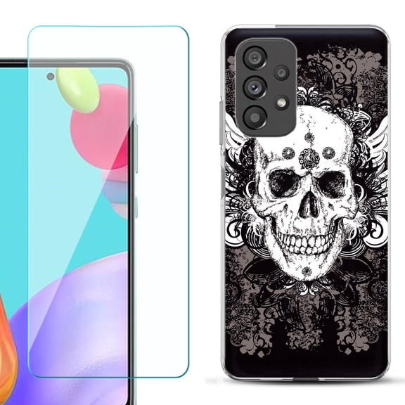 Slim-Fit Fashion Phone Case for Samsung Galaxy A53 5G, with Tempered Glass Screen Protector, by OneToughShield ® - Grunge Skull