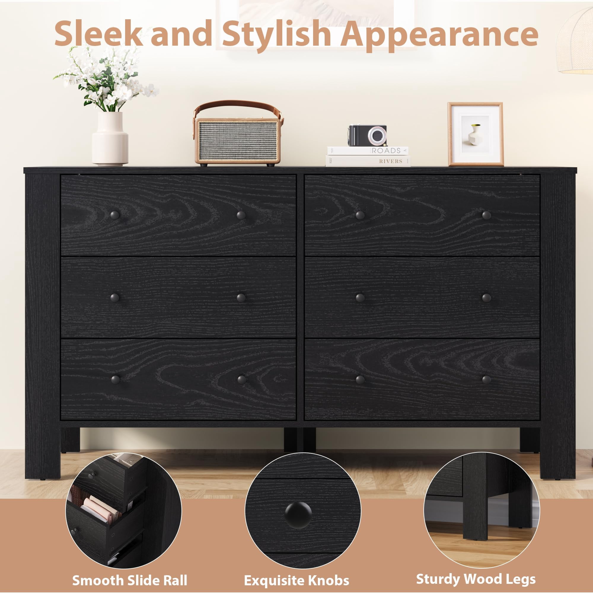 6 Drawer Dresser, Modern Wood Dresser for Bedroom, with Deep Drawers & Metal Knobs, for Hallway, Entryway, Living Room