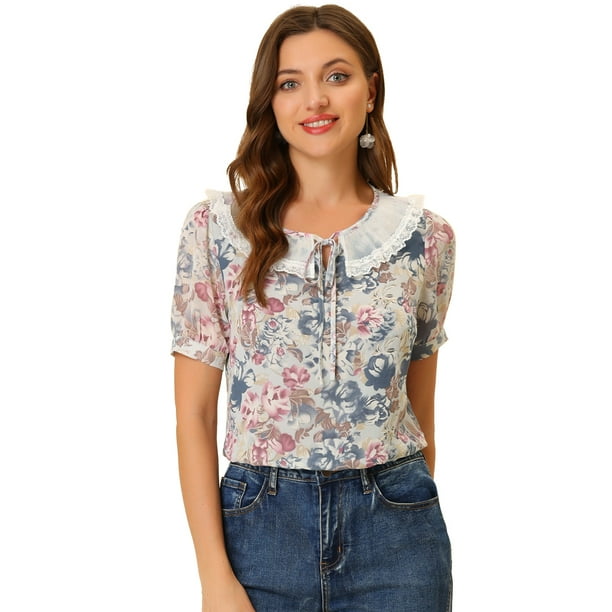 Allegra K Blusa De Gasa Con Cuello Peter Pan Y Manga Farol Para Mujer Gris Morado M