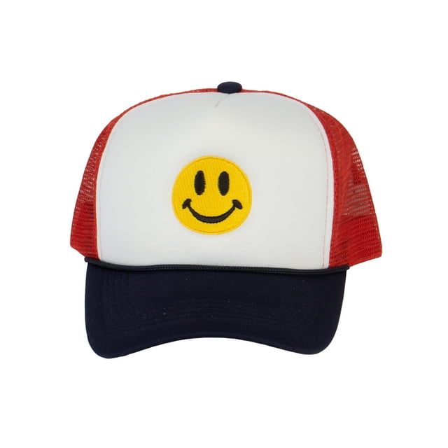 Gravity Threads Smile Face Embroidery Trucker Hat, Smile White/Red/Navy