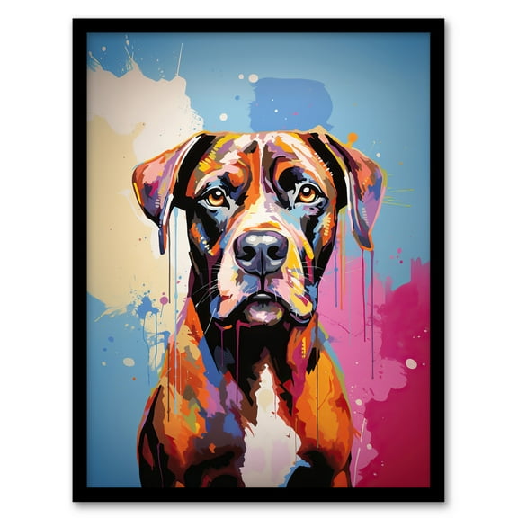 Brindle Boxer Dog Lover Gift Pet Portrait Blue Pink Orange Artwork Painting Art Print Framed Poster Wall Decor 12x16 inch