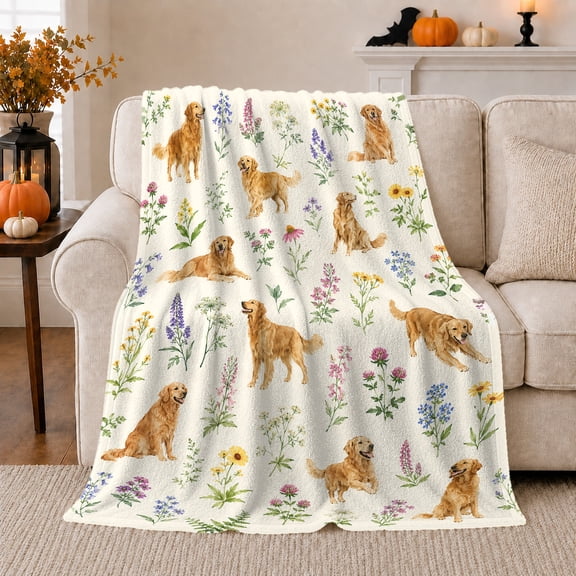 Autumn Golden Retriever Watercolor Flowers, Playful Pet Portrait Pattern, Warm Flannel Blanket for Living Room and Bedroom, Dog Lovers Thanksgiving Gift, Pet Lover Home Decor