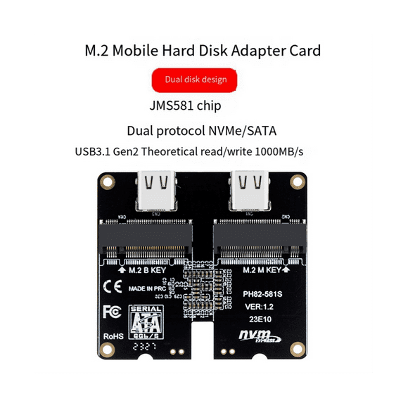 M.2 NVMe SATA SSD Enclosure Adapter Card 4TB JMS581 Type-C USB3.1 Gen2 10Gbps HDD Enclosure Expansion Adapter Card