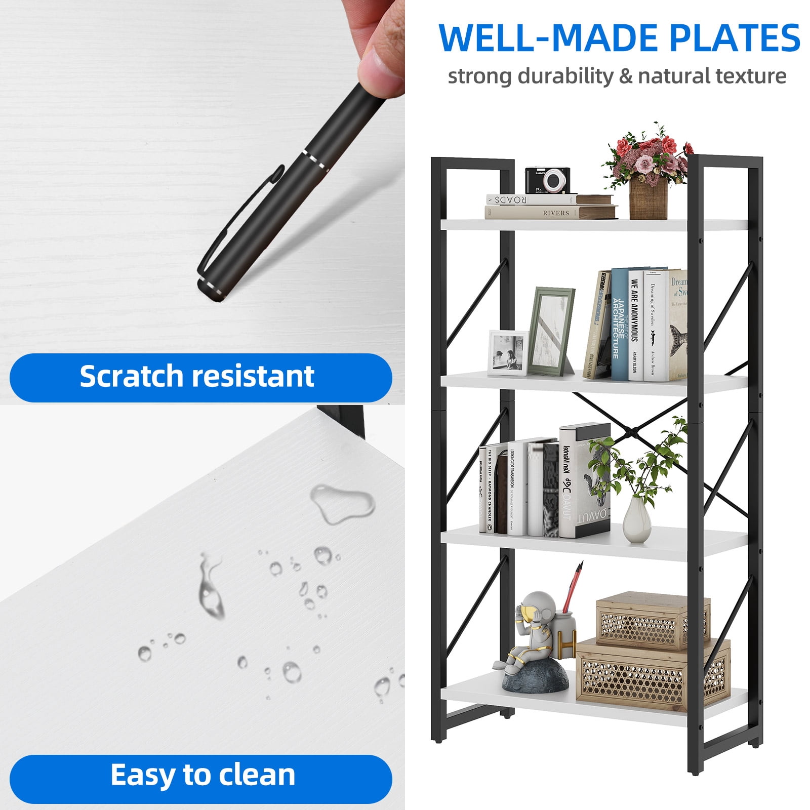 Dextrus 3-Tier Bookshelf, Ladder Bookcase, Industrial Freestanding Book Shelf Modern Open Display Storage Organizer Book Shelves for Bedroom, Living Room and Home Office, Black and White