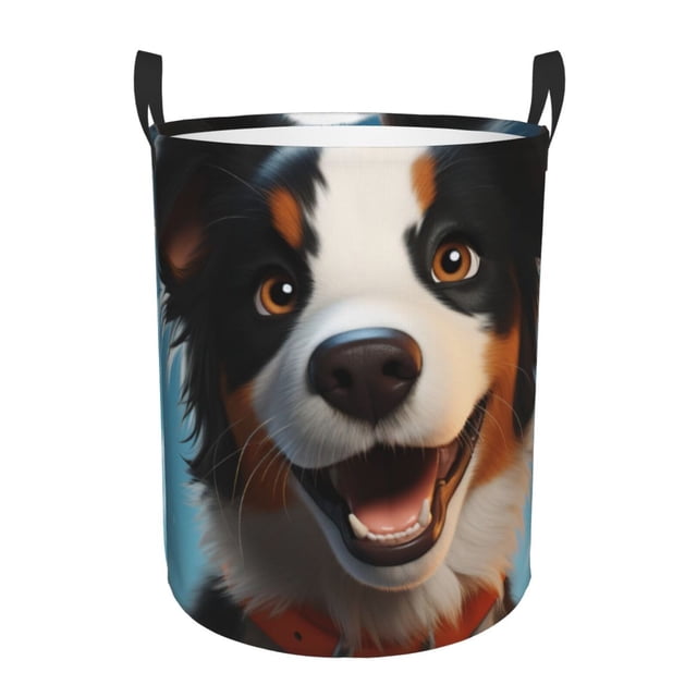 Balery Playful Smile Cute Dog Cesta de ropa redonda con asas, impermeable, independiente, para ropa, juguetes, dormitorio y familia-Small