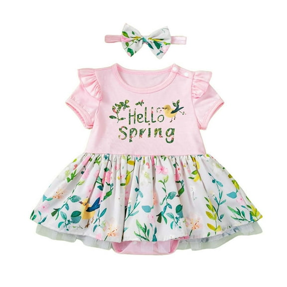 MEZZALL Baby Girl Spring Summer 2PCS Outfits Sets Printed Short Sleeve Romper & Hair Bow, Pink, 12-18 Months
