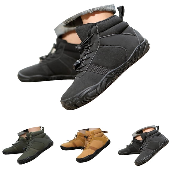 Dakaela 5-12Y Kids Winter Barefoot Shoes Toddler Furry Lined Zero Drop Hiking Boots Wide Toe Box Boys Girls Minimalist High Top Snow Booties Black