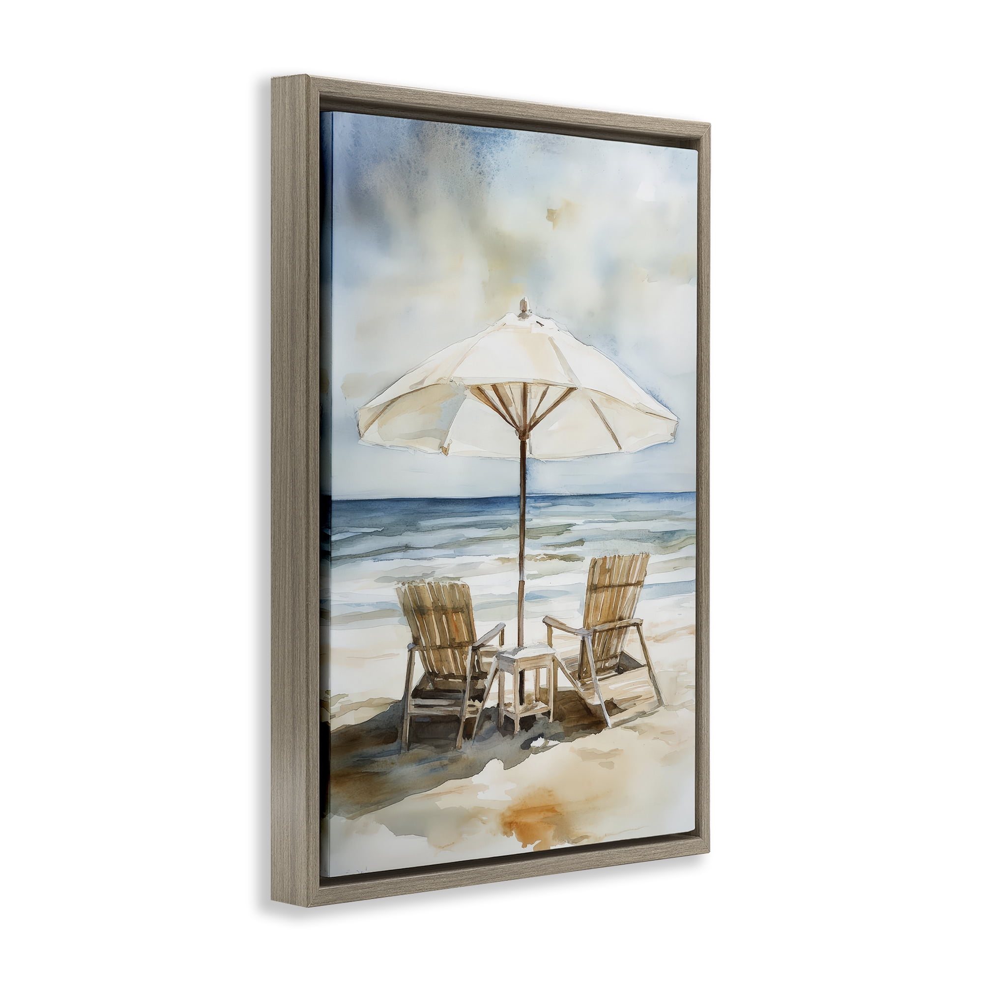 Stupell Industries Watercolor Paradise Beach Scene Brown Framed Floater Canvas Wall Art, design by Petal Prints Design