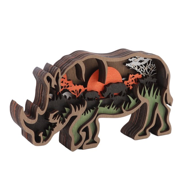 Estatua De Madera Luz Animal, Baterías Incorporadas Lámpara De Estatua De Madera Capa Múltiple Sin Rebabas Para Fiesta Para El Hogar Cergrey Luz de rinoceronte
