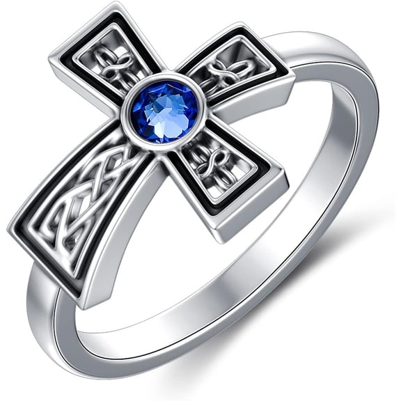 Cross Sapphire Ring 925 Sterling Silver Blue Crystal Cross Birthstone Rings Jewelry for Women Mom Size 6