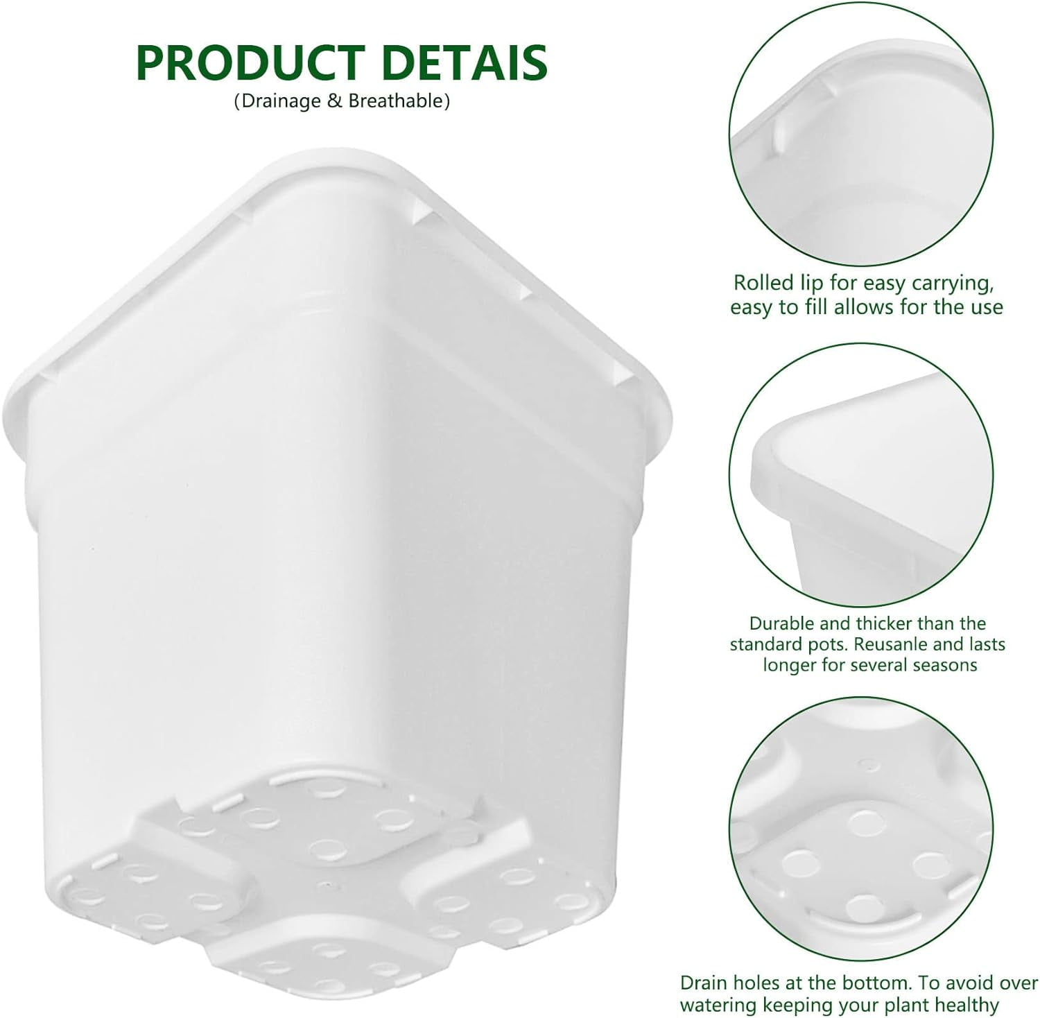 netuera 10-Pack 3 Gallon Square Planter Nursery Pots, Flower Plant Container Injection Molded Plastic Nursery Pots Gardening Pots for Indoor Outdoor Vegetables, Succulents, White