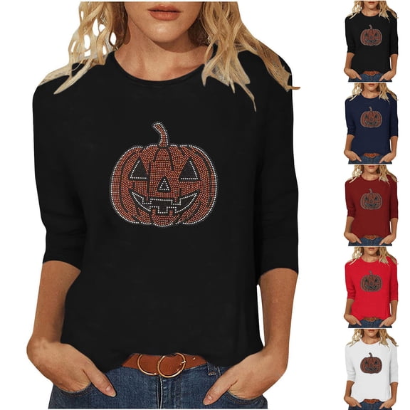Frostluinai Rhinestone Tops for Women Spooky Season Crew Neck 3/4 Sleeve Casual T Shirts Bling Halloween Pumpkin Graphic Tees S-5XL