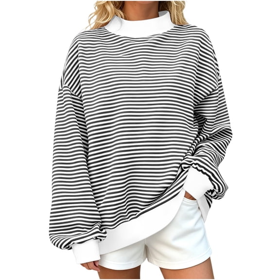 Aswuknt Women's Striped Mock Neck Sweatshirt Long Sleeve Pullover Top Contrast Trim Casual Fall Winter