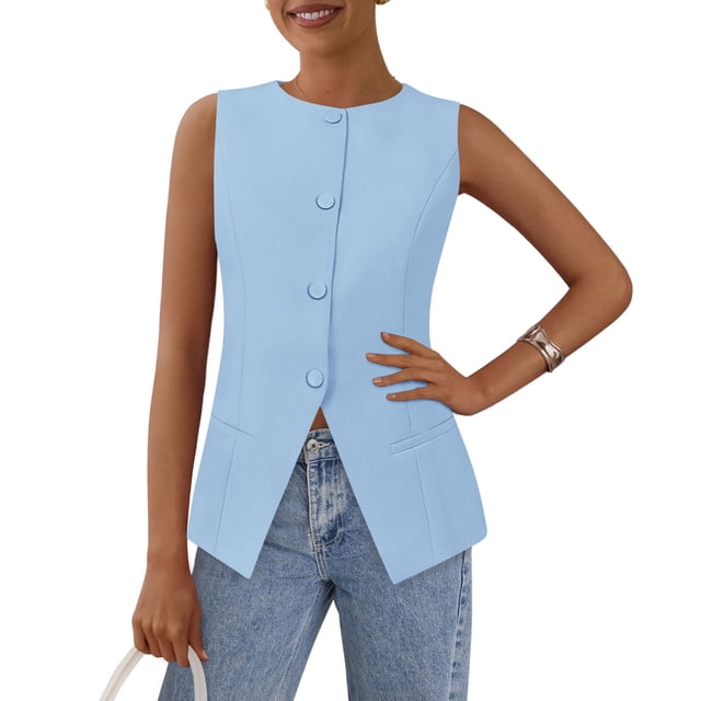 Chaleco PRETTYGARDEN sin mangas con botones azul claro XXL