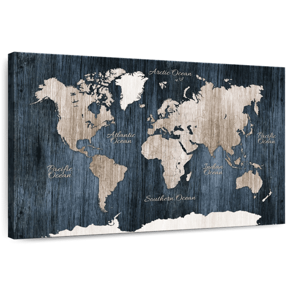 Elephant Stock Aged Wooden World Map Wall Art - Horizontal Canvas Wall Art - Living Room Wall Decor - Map Canvas - White And Beige Decor - 12" x 8"