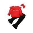 thumbnail image 1 of FOCUSNORM Kids Girls Solid Color Clothes Set, O-neck Tops+Flared Trousers+Headband, 1 of 9