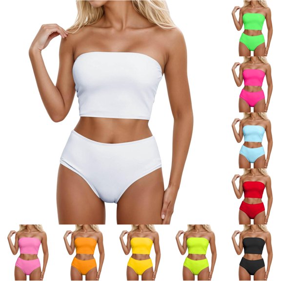 FINALGANG Womens Strapless Tube Neck Solid Color Two Piece Bikini Set Bandeau Bikini Top High Waist Full Coverage Bikini Bottom Basic Swim Suit For Seaside Vacation Cozy Swimwear XL