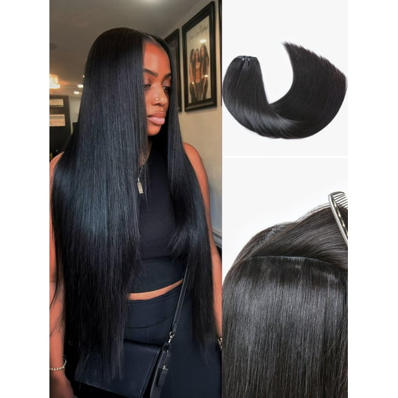 LUVME Invisible Clip in Hair Extensions Real Human Hair, Remy Human Hair Extensions Clip ins for Women, Natural Human Hair, 16 inch 110g 7Pcs, Natural Black