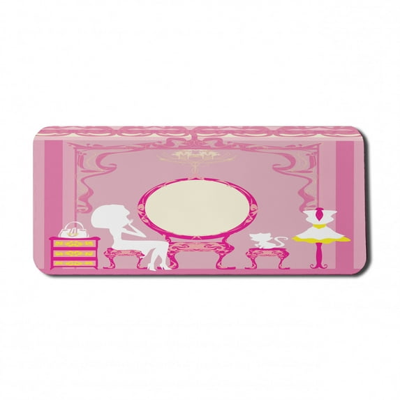 Fashion Computer Mouse Pad, Lady Sitting in Front of French Cosmetic Make-Up Mirror Furniture Dressy Design, Rectangle Non-Slip Rubber Mousepad X-Large, 35" x 15", Yellow Pink, by Ambesonne