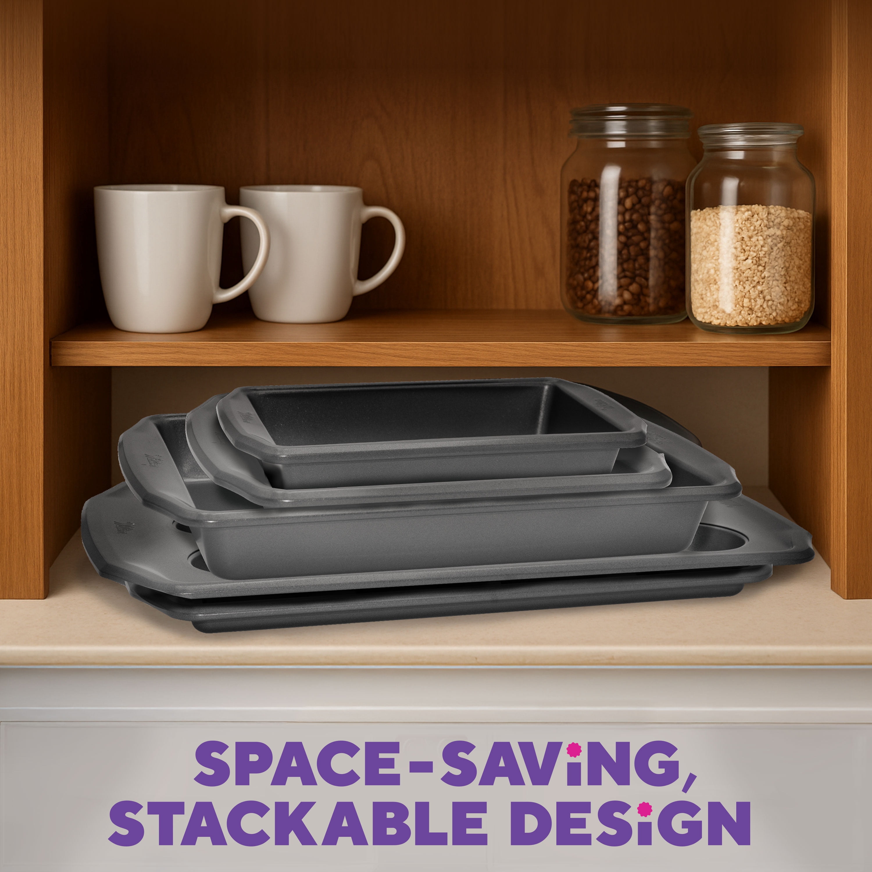 Wilton 5-Piece Premium Stackable Non-Stick Bakeware Set, Great Gift for Housewarming & Weddings, Includes 12-Cup Muffin Pan, Medium Baking Sheet, Loaf Pan, Square Pan & Oblong Pan