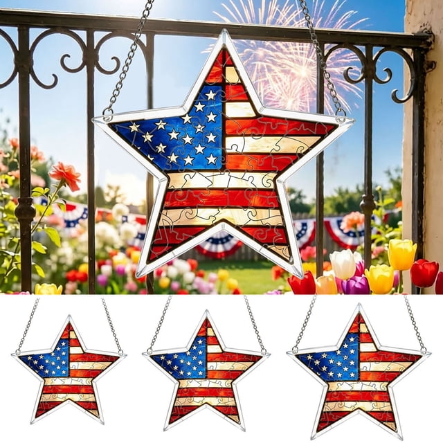 Outdor 4th Of July Star Acrylic Puzzle Window Hanging 7.5