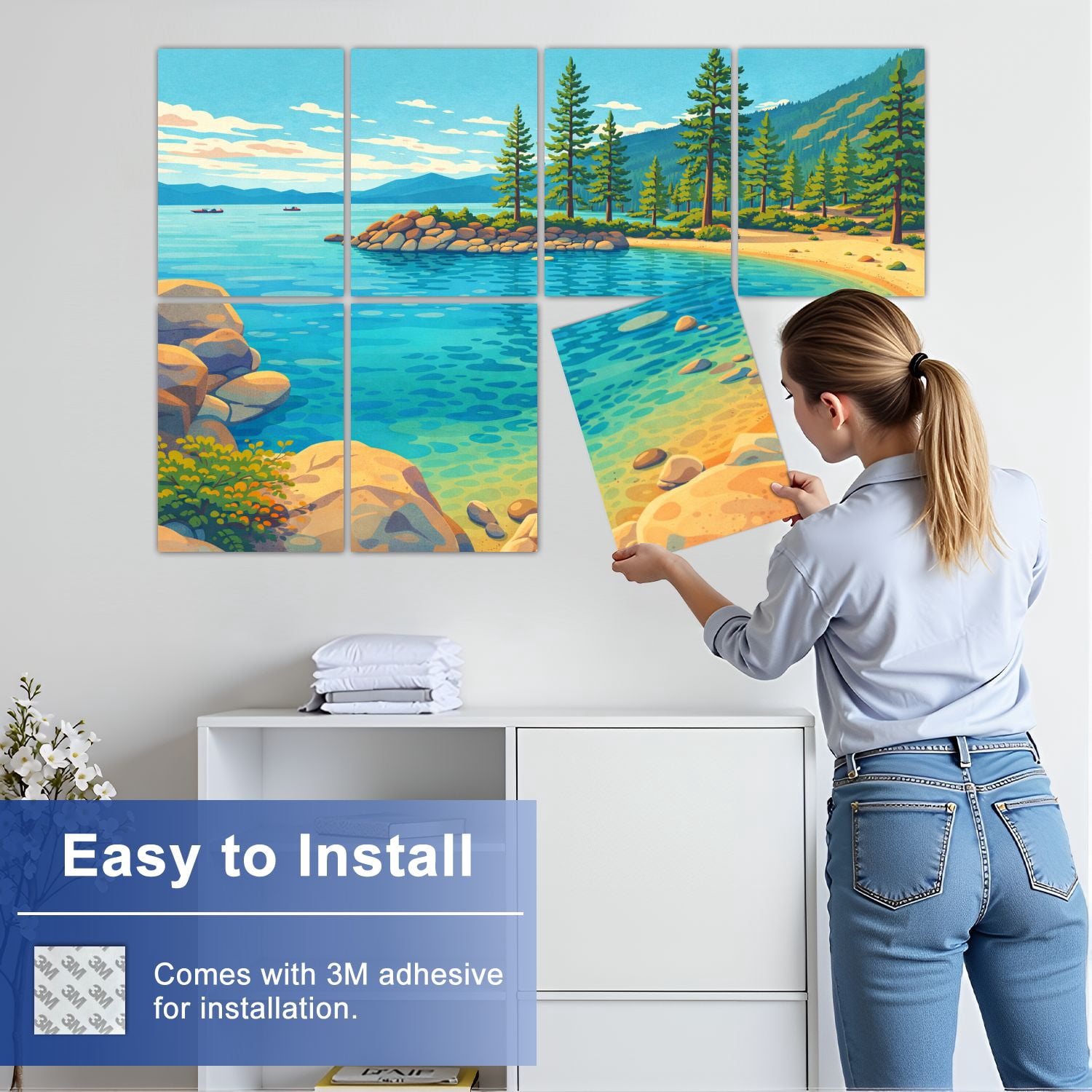 8 Pack Art Acoustic Panels Sound Absorbing Lake Tahoe Summer California Decorative Soundproof Wall Panels Self Adhesive for Nursery Game Room Bedroom 48"x32"
