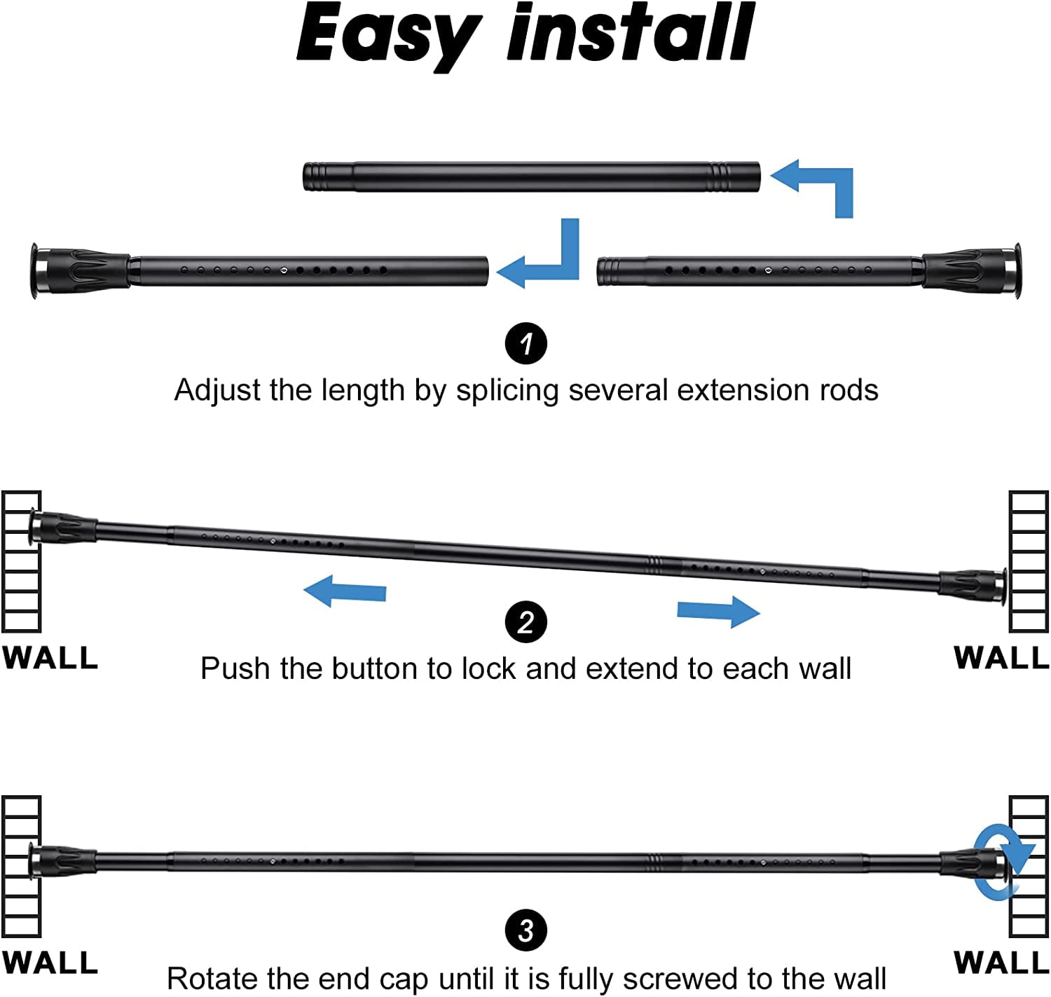White Shower Curtain Rod Tension No Drill, 42 To 115 Inch Adjustable Heavy Duty Black Shower Tension Curtain Rod For Bathroom Closet Windows