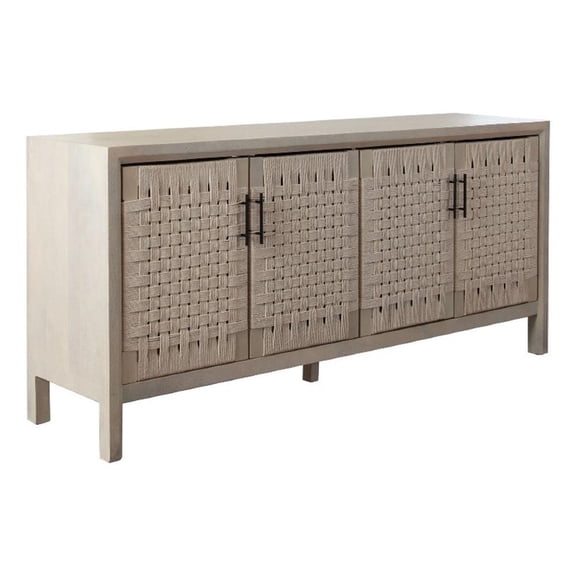 Benjara Pam Sideboard Buffet Cabinet 76 Inch- Natural Mango Wood w 4 Woven Doors
