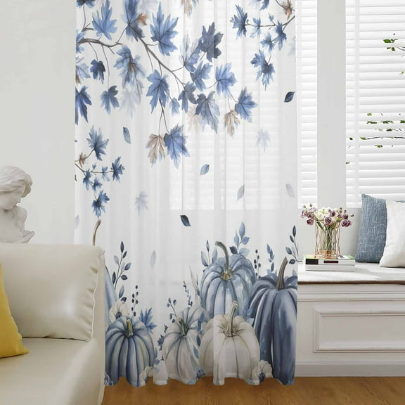 Blue Fall Pumpkins Semi Sheer Curtains Drapes for Living Room, Bedroom, French Doors Window 54 Inches Long, Maple Leaf Tree Thanksgiving Autumn Rod Pocket Chiffon Curtain Drapery Voile Drape Panel