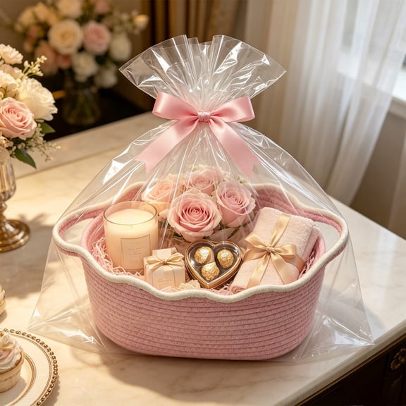 Woven Cotton Storage Basket with Handles, Decorative Gift and Organizer Basket for Shelf, Closet, Bathroom and Pantry, Pink