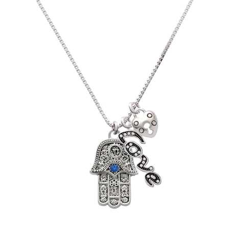 Delight Jewelry Silvertone Hamsa Hand with Blue Crystal - Love and Lock Charm Necklace 18 +1