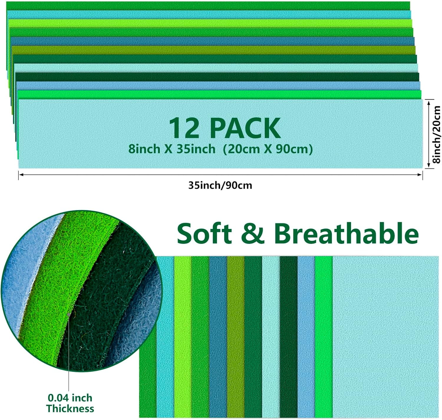 Large Stiff Felt Sheets Bundle Felt Fabric Sheets for Crafts 12 Rolls 8"x35" Soft Summer Color 12 Assorted Colors Felt Pack for Kids DIY Craft Sewing Squares Nonwoven Patchwork (Green)